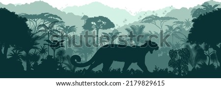 Vector horizontal seamless tropical rainforest Jungle background with puma