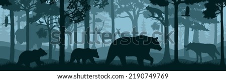 seamless vector forest woodland background with bear family, deers, owl, eagle, wolf, bison, lynx and cougar puma