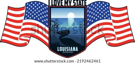Louisiana vector label with brown pelican and swamp wetland sea coast and flag of the United States