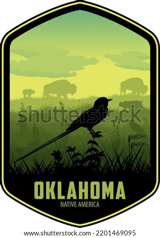 Oklahoma vector label with Scissor tailed Flycatcher and prarie