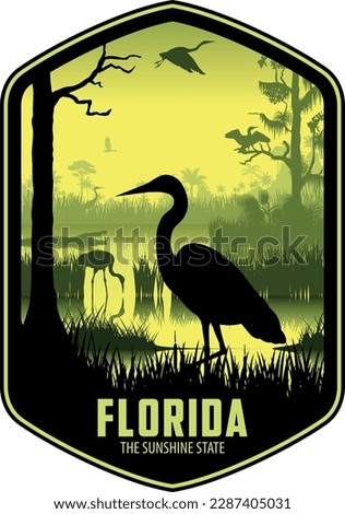 Florida vector label with Herons in swamp wetland