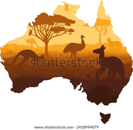 Vector mapof Australia with acacia tree, kangaroo, cockatoo, dingo, echidna, galah, emu and eagle.