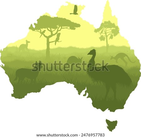 Vector map of Australia with acacia tree, kangaroo, cockatoo, dingo, galah, emu and eagle.	