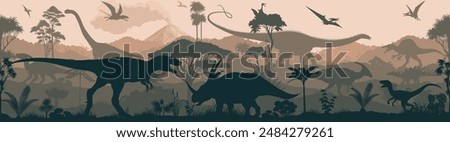 Vector prehistoric seamless jungle background with dinosaurs: styracosaurus, Parasaurolophus,  Spinosaurus, dimorphodon, Velociraptor, tiranosaurus, Kentrosaurus, Diplodocus and pterodactyl