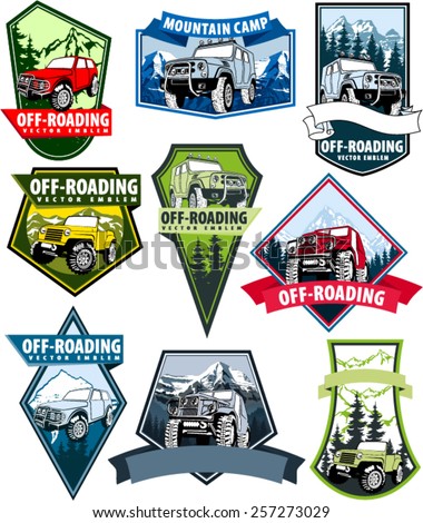 set of Vector emblems with 4x4 vehicle off-road car and mountains
