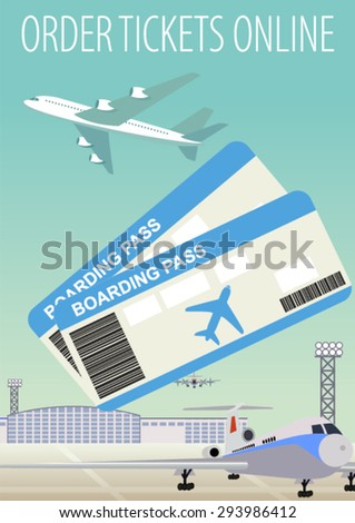 Online ticket booking ordering and boarding pass and  Airplane Airport 