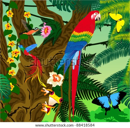 Vector Jungle with Parrot and Butterflies