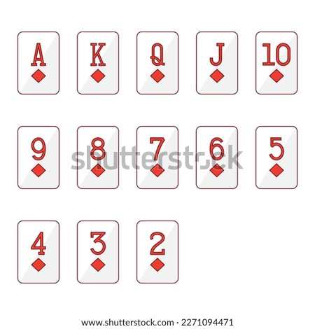 Vector red diamond playing cards on white background.