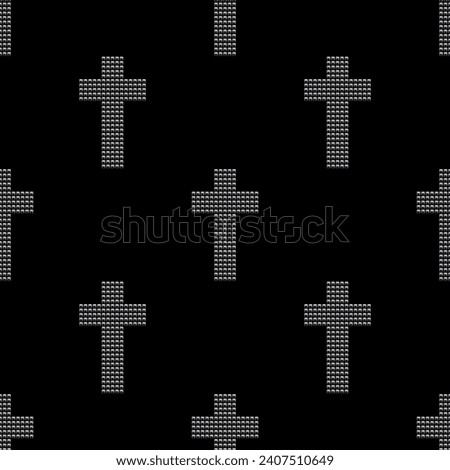 Silver metal pyramid cross on black leather background. Metal and rock music vector square seamless pattern.