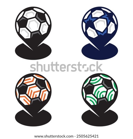 Vector color four map points icon classic soccer ball champions league europa league conference league three football team european tournament competitions on white background.