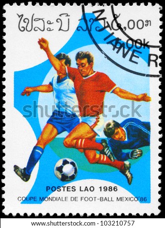 LAOS - CIRCA 1986: A Stamp printed in LAOS shows the Soccer Players on Football Field, series, circa 1986