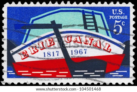 USA - CIRCA 1967: A Stamp printed in USA shows the Stern of Early Canal Boat, Erie Canal Issue, circa 1967