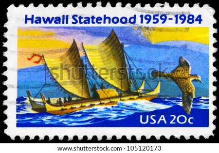 USA - CIRCA 1984: A Stamp printed in USA shows the Eastern Polynesian Canoe, Golden Plover, Mauna Loa Volcano, 25th anniversary of Hawaii Statehood, circa 1984