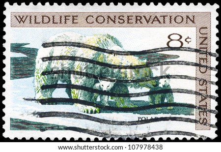 USA - CIRCA 1971: A Stamp printed in USA shows the Polar Bear and Cubs, Wildlife Conservation issue, circa 1971