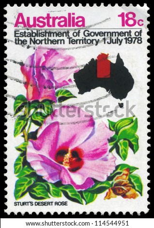 AUSTRALIA - CIRCA 1978: A Stamp printed in AUSTRALIA shows the Sturts Desert Rose, Map of Australia, Establishment of Government of the Northern Territory, circa 1978