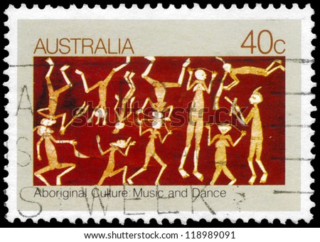 AUSTRALIA - CIRCA 1982: A Stamp printed in AUSTRALIA shows the Music and Dance of the Mimi Spirits, by Lofty Nabardayal, Aboriginal Bark Paintings series, circa 1982