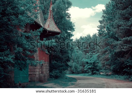 Forest landscape with a road and old arch