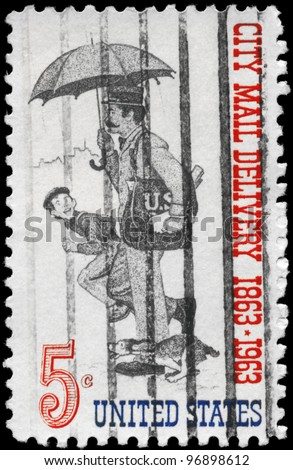 USA - CIRCA 1963: A Stamp printed in USA shows the Letter Carrier, Free City Mail Delivery Centenary, circa 1963