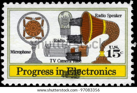 USA - CIRCA 1973: A Stamp printed in USA shows the Microphone, Speaker, Vacuum Tube, TV Camera Tube, Electronics Progress Issue, circa 1973