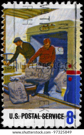 USA - CIRCA 1973: A Stamp printed in USA shows the Loading Mail on Truck, Postal Service EmployeesÃ?Â¢?? Issue, circa 1973