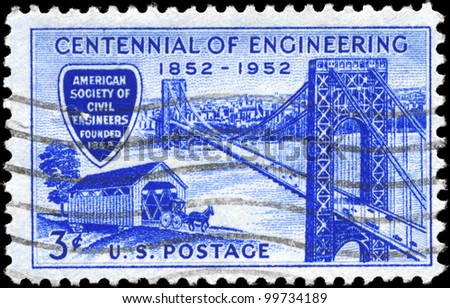 USA - CIRCA 1952: A stamp printed in USA shows George Washington Bridge & Covered Bridge of 1850s, Engineering Centennial Issue, circa 1952