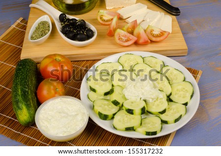 A still  life with an assortment of Greek cuisine ingredients