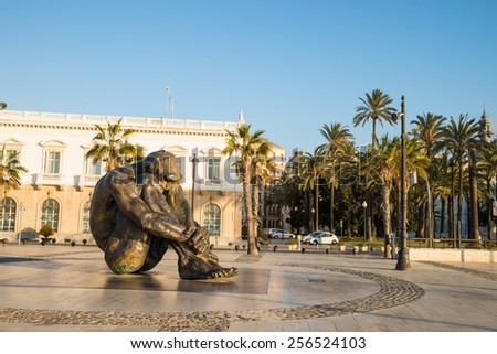 CARTAGENA, SPAIN - FEBRUARY 9, 2015: El Zulo statue by Victor Ochoa in Cartagena harbor.The statue is a tribute to victims of terrorism, in particular the ones of the 2003 Madrid train bombings.