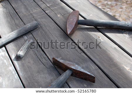 Old masonry utensils displayed in heritage workshop