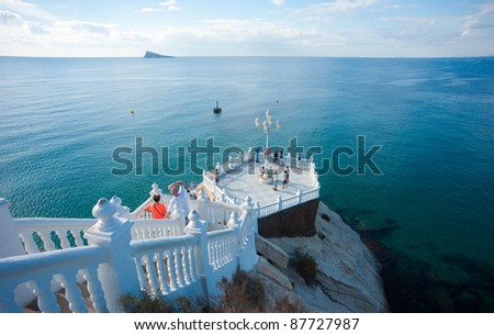 BENIDORM, SPAIN, OCT. 30: tourists enjoy a warm autumn day from Benidorm´s landmark ocean viewpoint. Benidorm is Spain´s Nr. 1 beach resort, reputed for its sunny climate all year round.
