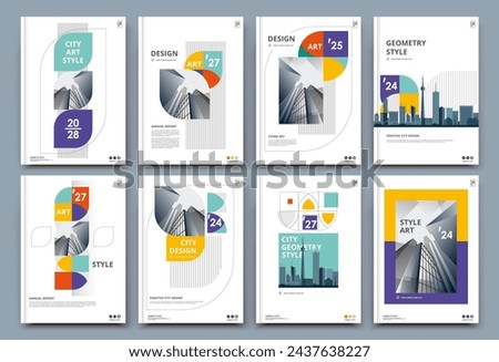 Abstract binder layout. White a4 brochure cover design. Fancy info text frame. Creative ad flyer font. Title sheet model set. Modern vector front page. Elegant city banner. Color figures image icon.