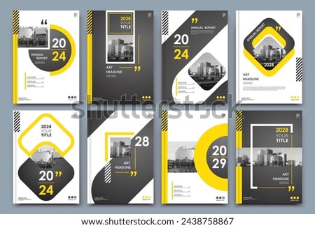 Abstract a4 brochure cover design. Ad text frame. Urban city view font. Title sheet model. Modern vector front page. Brand logo. Banner texture. Black, white ring figure, Yellow line icon. Flyer fiber
