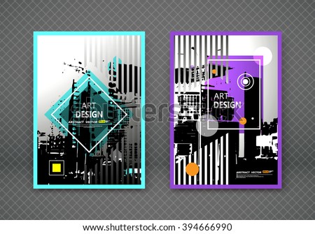 Abstract composition, purple, green frame texture, technologic rhombus construction, urban city view banner form, a4 brochure title sheet, creative retro figure icon, black, white surface, flyer font