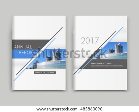 Abstract a4 brochure cover design. Text frame surface. Urban city sky view font. Title sheet model set. Creative vector front page. Brand logo banner texture. Blue triangle figure icon. Ad flyer fiber