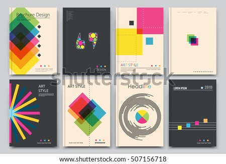 Abstract composition. White, black a4 brochure cover design. Info banner frame. Text font. Title sheet model set. Modern vector front page. Brand logo texture. Color figures image icon. Ad flyer fiber