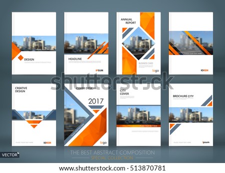 Abstract composition. White a4 brochure cover design. Info banner frame. Text font. Title sheet model set. Modern vector front page. Brand logo texture. Orange color figures image icon. Ad flyer fiber