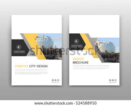 Abstract composition. White a4 brochure cover design. Info banner frame. Text font. Title sheet model set. Modern vector front page. City view texture. Yellow figure image icon. Elegant ad flyer fiber