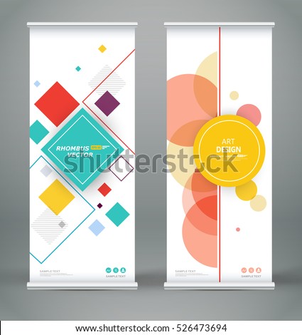 Abstract composition. White roll up brochure cover design. Info banner frame. Text font. Title sheet model set. Modern vector front page art. Lozenge part brand flag. Round figure icon. Ad flyer fiber