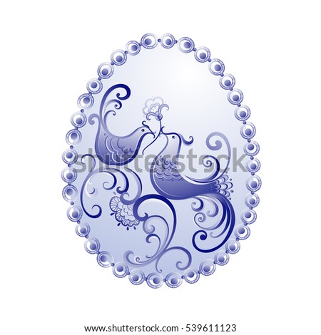 Elegant abstract holiday composition. Happy Easter or Saint Valentine's Day greeting card. Romantic style. Love wishing icon. Fancy Easter egg decoration. Luxury hand drown birds couple image. EPS 10.