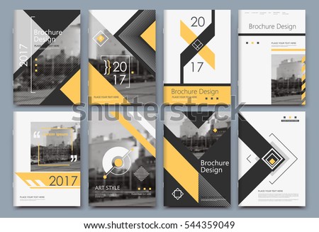 Abstract binder art. White a4 brochure cover design. Info banner frame. Elegant ad flyer text font. Title sheet model set. Fancy vector front page. City view blurb. Yellow lines, box block figure icon