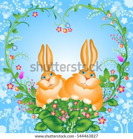 Elegant abstract holiday composition. Happy Easter or Saint Valentine's Day greeting card. Romantic style. Love wishing icon. Fancy Easter egg decoration. Luxury hand drown hare couple image. EPS 10.