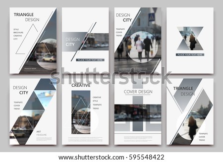 A4 brochure cover design. Templates for flyer, ad text font, info banner frame or title sheet model set. Modern vector front page art with urban city street texture. Patch triangle, round figure icon