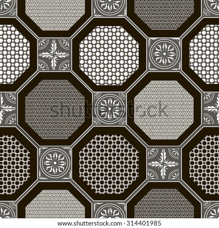 Seamless pattern in the form of geometries shapes, with stylized elements and geometric patterns. Print stained glass, tiles. Illustration.