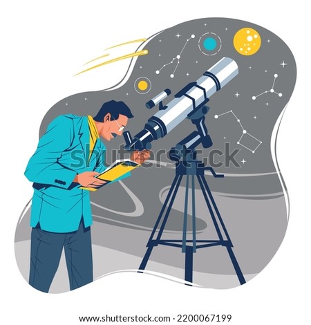 Astronomer observing sky with celestial bodies using telescope. Concept of astronomy, astronomical observation of universe, research on space objects. Modern flat vector illustration for banner.