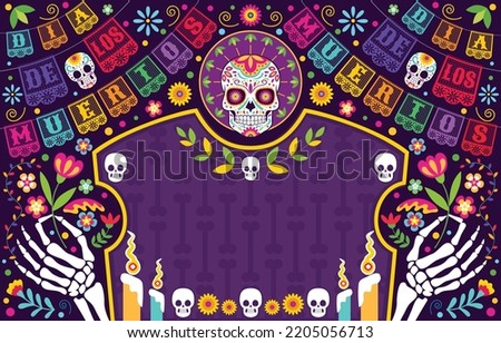 Dia de los muertos, Day of the dead, Mexican holiday, festival. Vector poster, banner and card with skeleton hands holding flowers, cocktail drink. Dia De Los Muertos background template vector.