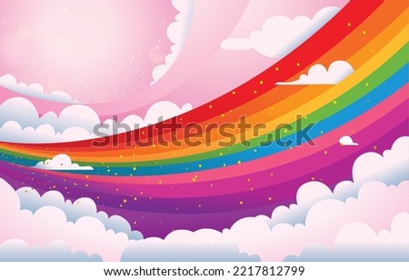 fantasy magical landscape rainbow on sky abstract big volume texture fluffy clouds shine close up view straight, cotton wool, pink purple pastel colors sun fabulous background