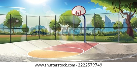Vector cartoon background of basketball court in tropic city. Outdoor sports arena with basket for game. Street playground in town. Backdrop with green trees, palms and skyscrapers.