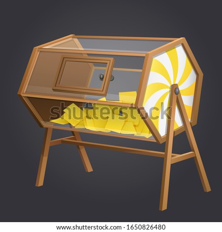 large clear see through vintage wooden turning raffle ticket drum with yellow paper tickets. 3d realistic isolated vector illustration with transparent glass for dark background