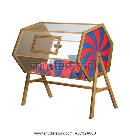 retro wooden raffle turning drum with red and blue cards
