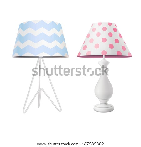 white modern table lamp with blue printed tapered lampshade on tripod base and classic lamp with empire pink polka dot shade isolated on white background. vector illustration