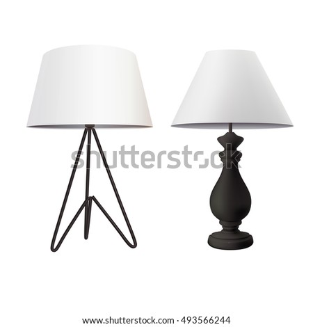 modern table lamp with white tapered lampshade on black tripod base and classic bedside  lamp with empire shade isolated on white background. vector illustration